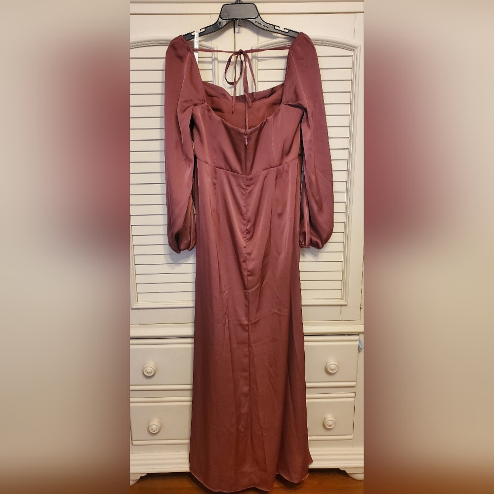 Azazie Mauve Long-Sleeve Stretch Satin Corset Gown Size A16 - Picture 5 of 8